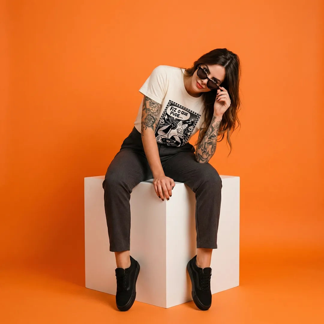 Camiseta Basica Fiz o Que Pude e Pude Pouco Feminina Off-White