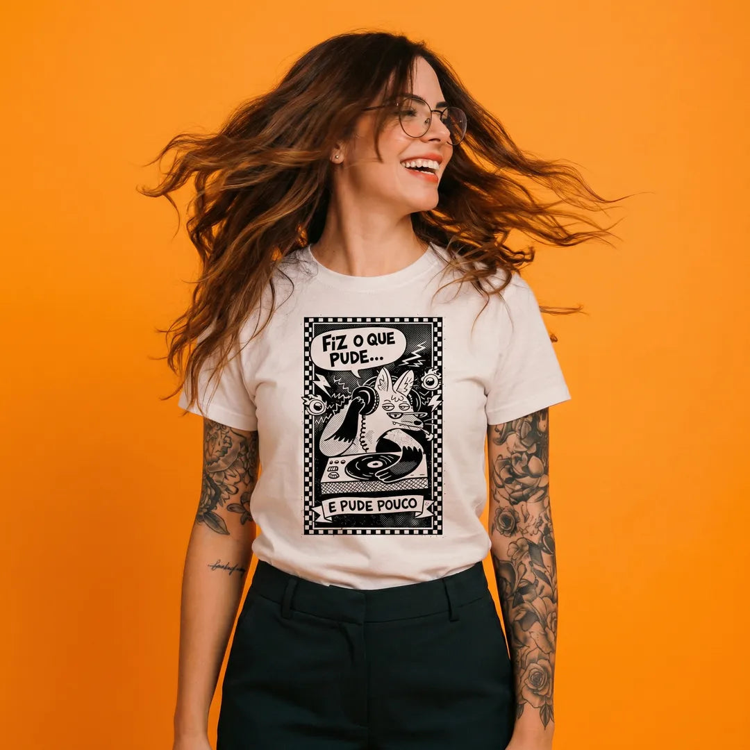 Camiseta Basica Fiz o Que Pude e Pude Pouco Feminina Off-White