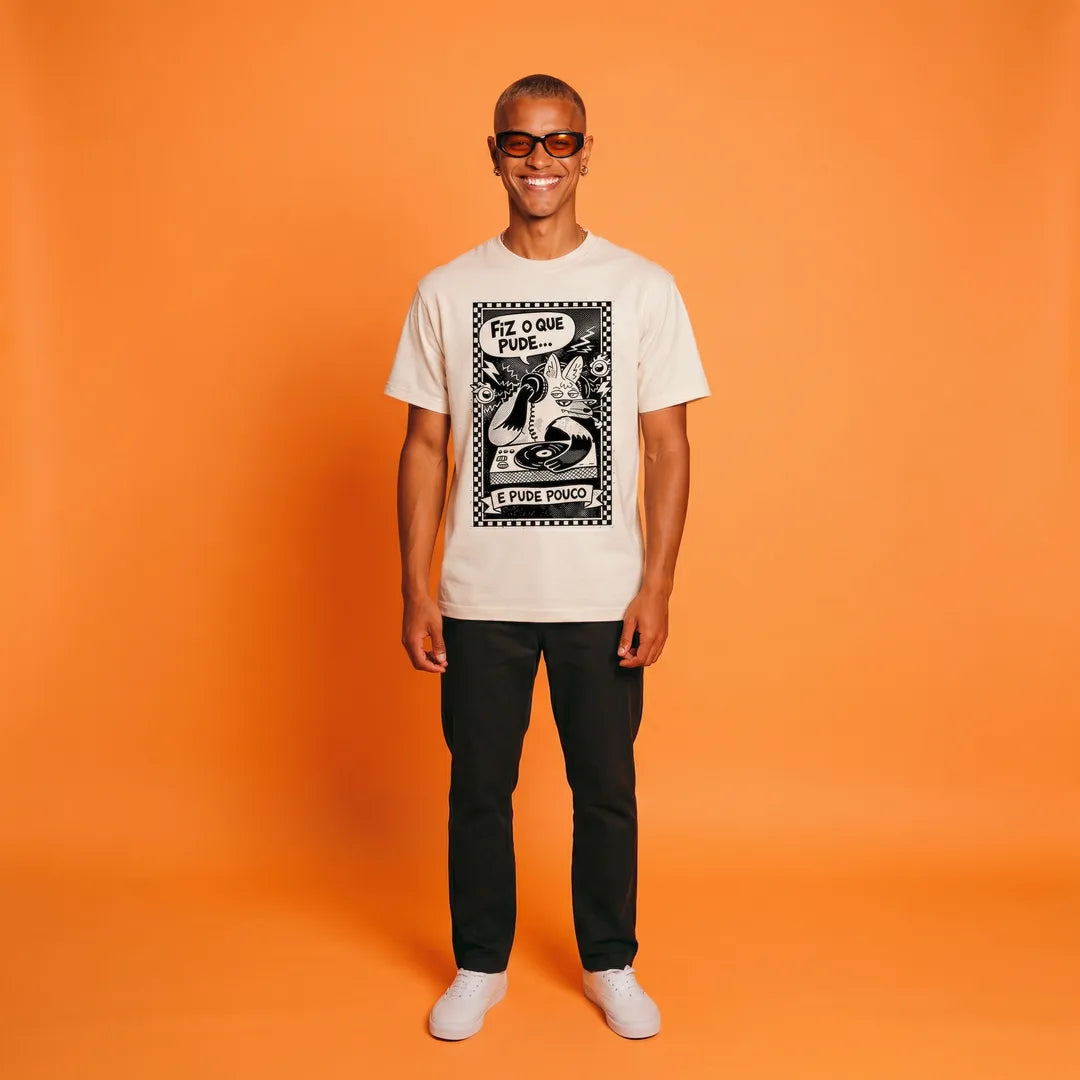 Camiseta Basica Fiz o Que Pude e Pude Pouco Masculina Off-White