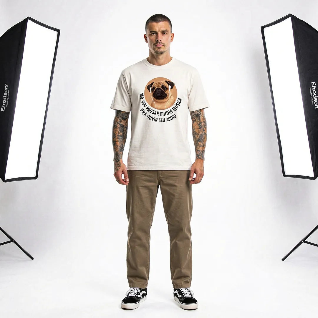 Camiseta Basica Não Vou Parar Meu Áudio Masculina Off-White