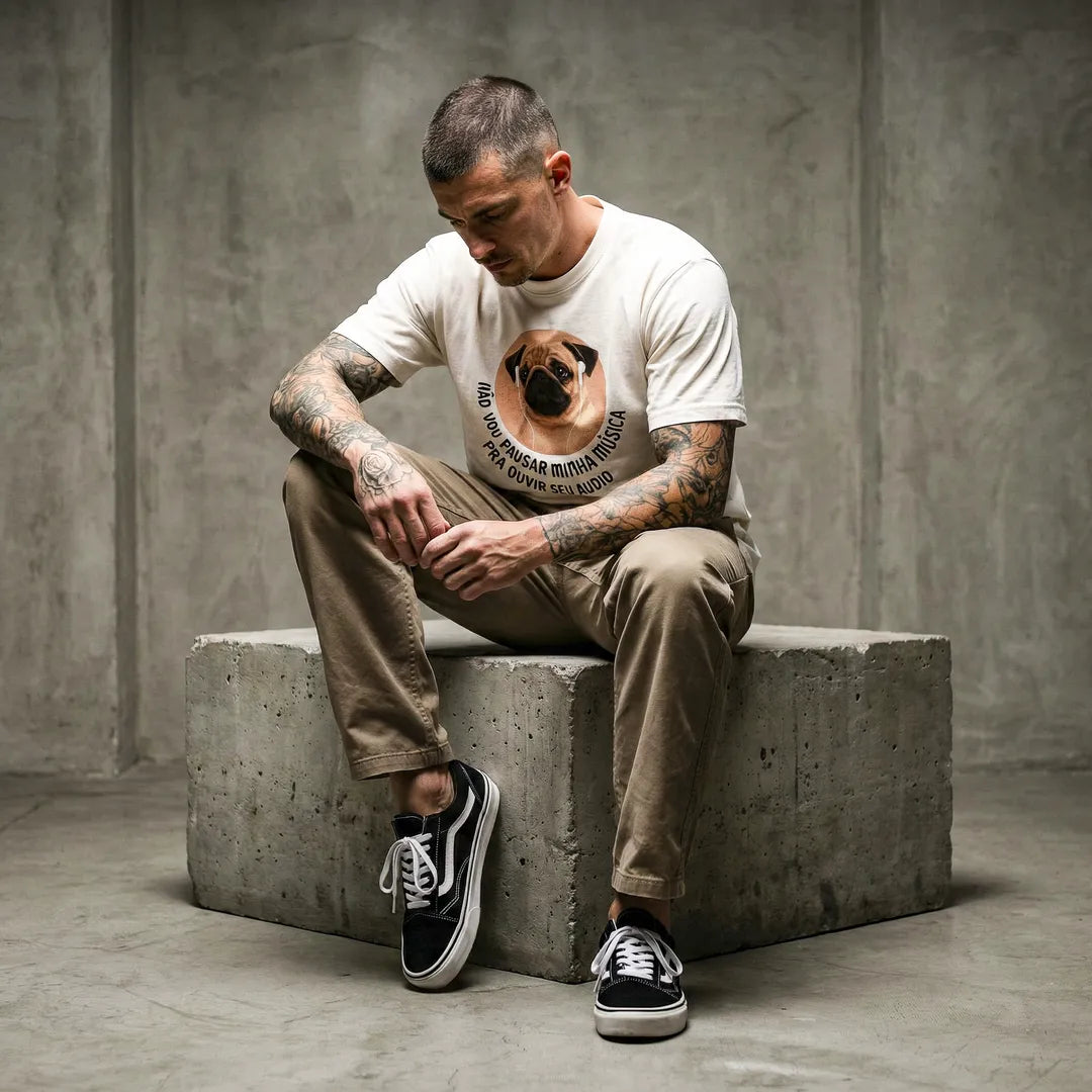 Camiseta Basica Não Vou Parar Meu Áudio Masculina Off-White