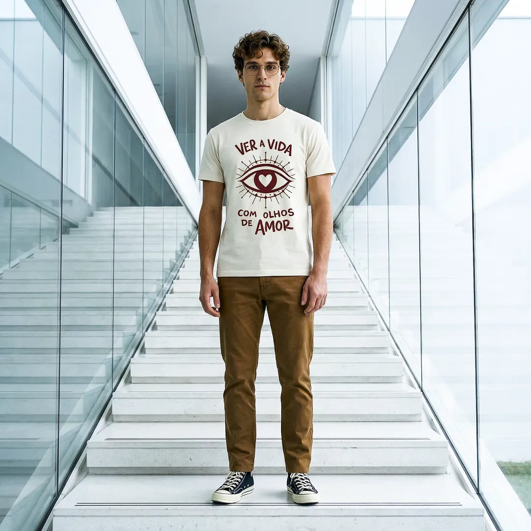 Camiseta Basica Ver a Vida Com Olhos de Amor Masculina Off-White