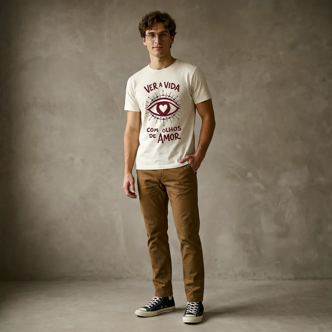 Camiseta Basica Ver a Vida Com Olhos de Amor Masculina Off-White