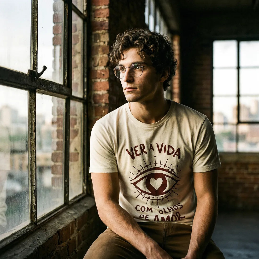 Camiseta Basica Ver a Vida Com Olhos de Amor Masculina Off-White