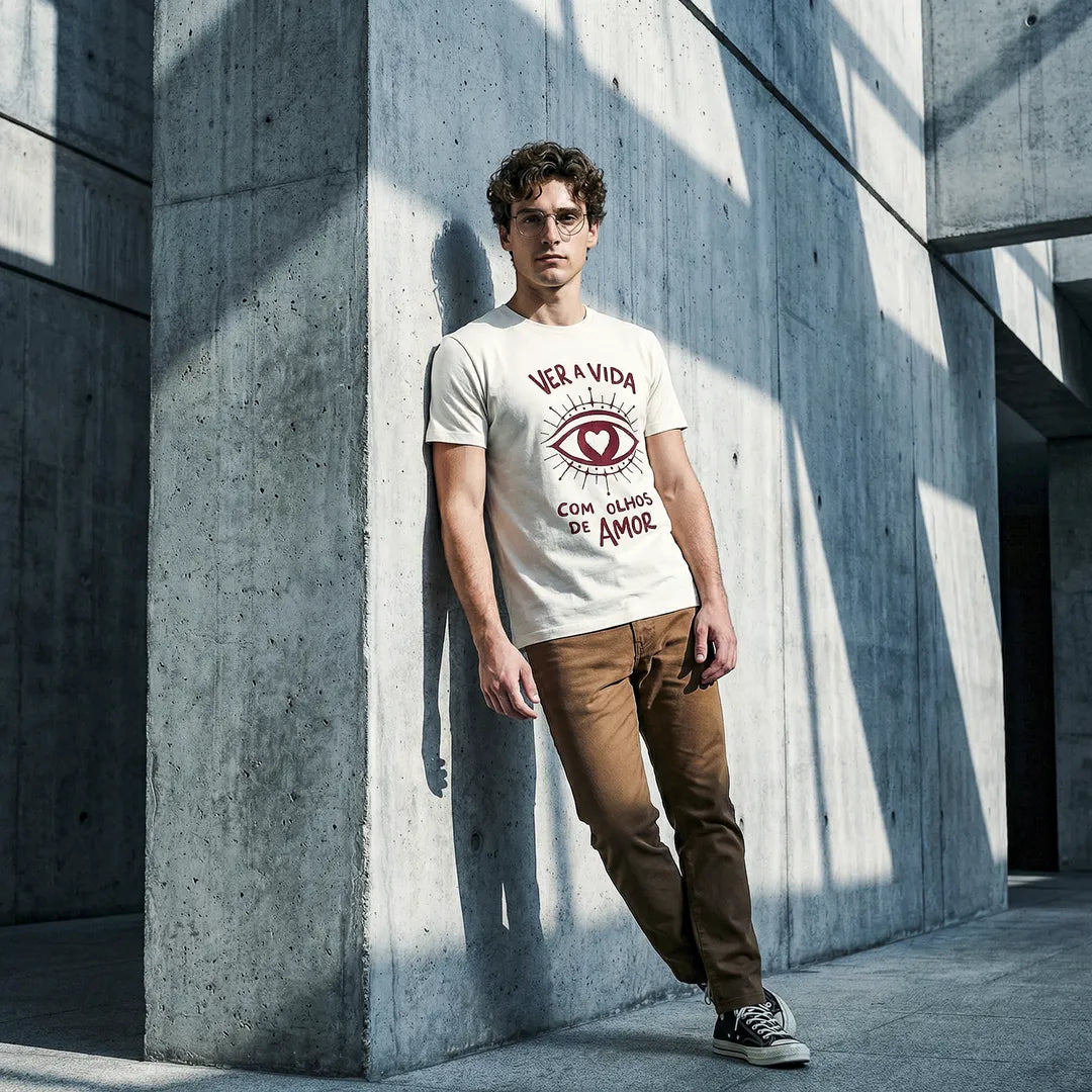 Camiseta Basica Ver a Vida Com Olhos de Amor Masculina Off-White
