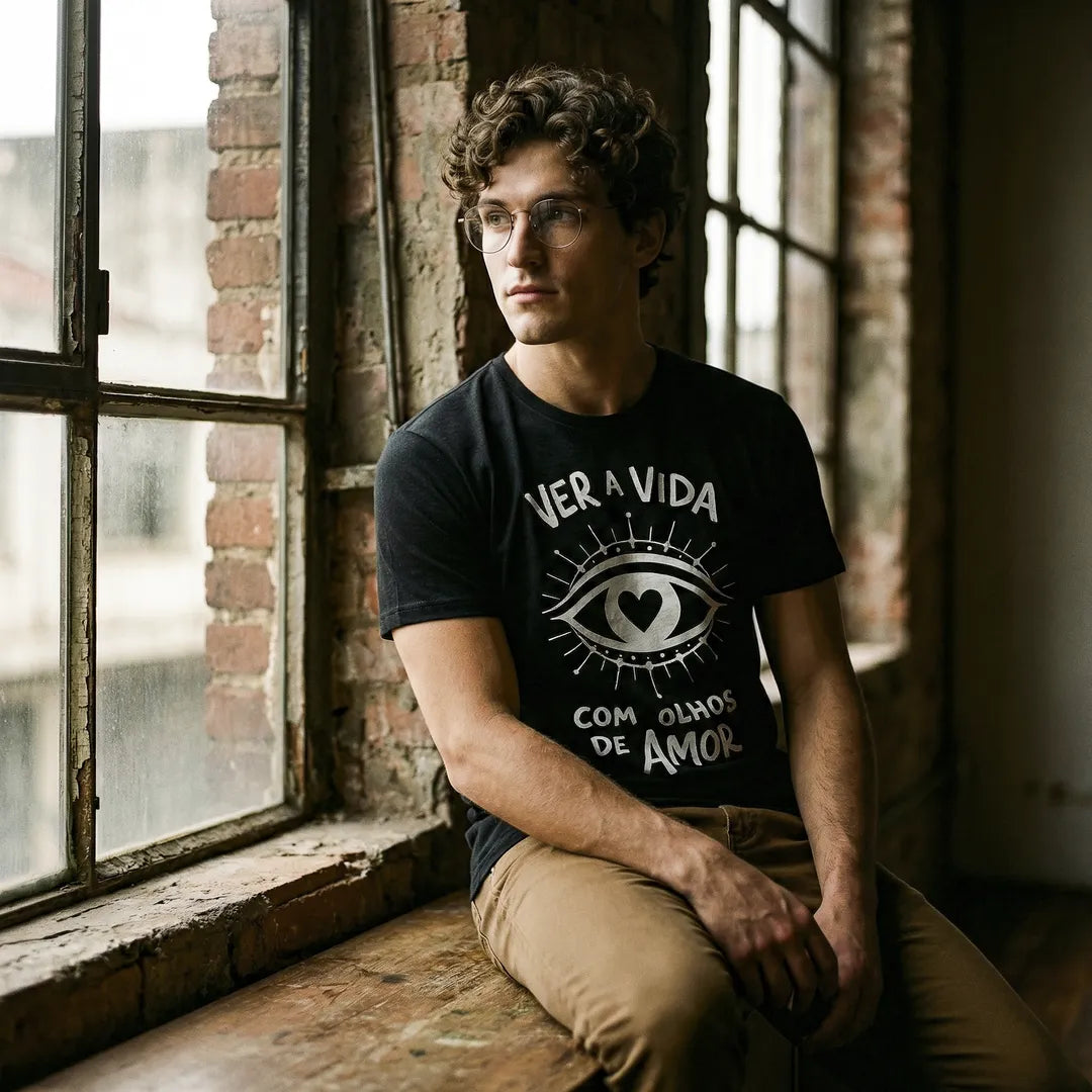 Camiseta Basica Ver a Vida Com Olhos de Amor Masculina Preto