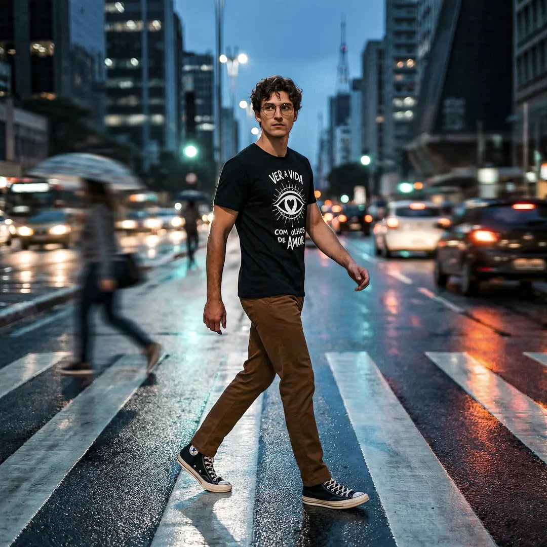 Camiseta Basica Ver a Vida Com Olhos de Amor Masculina Preto