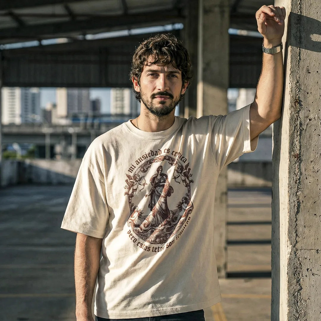 Camiseta Oversized Mi Ansiedad Es Crónica Masculina Off-White