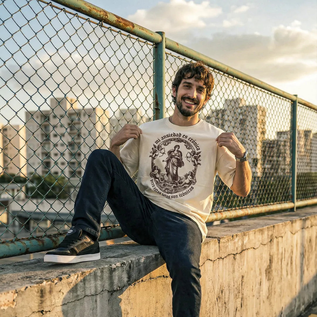 Camiseta Oversized Mi Ansiedad Es Crónica Masculina Off-White