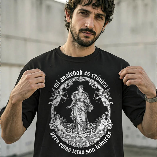 Camiseta Oversized Mi Ansiedad Es Crónica Masculina Preto