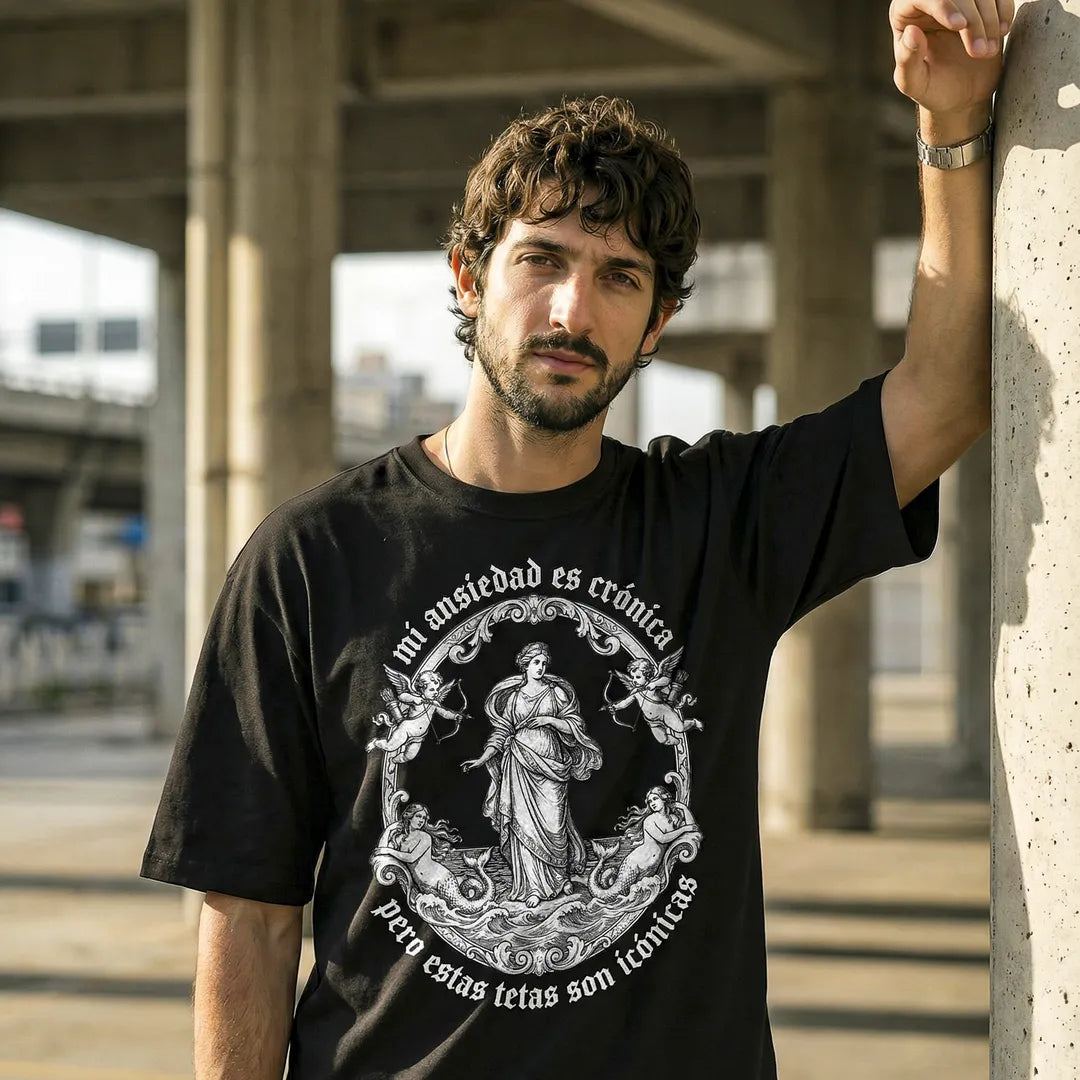 Camiseta Oversized Mi Ansiedad Es Crónica Masculina Preto