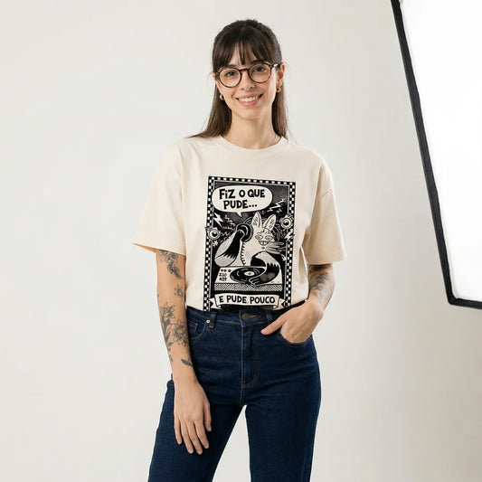 Camiseta Oversized Fiz o Que Pude e Pude Pouco Feminina Off-White