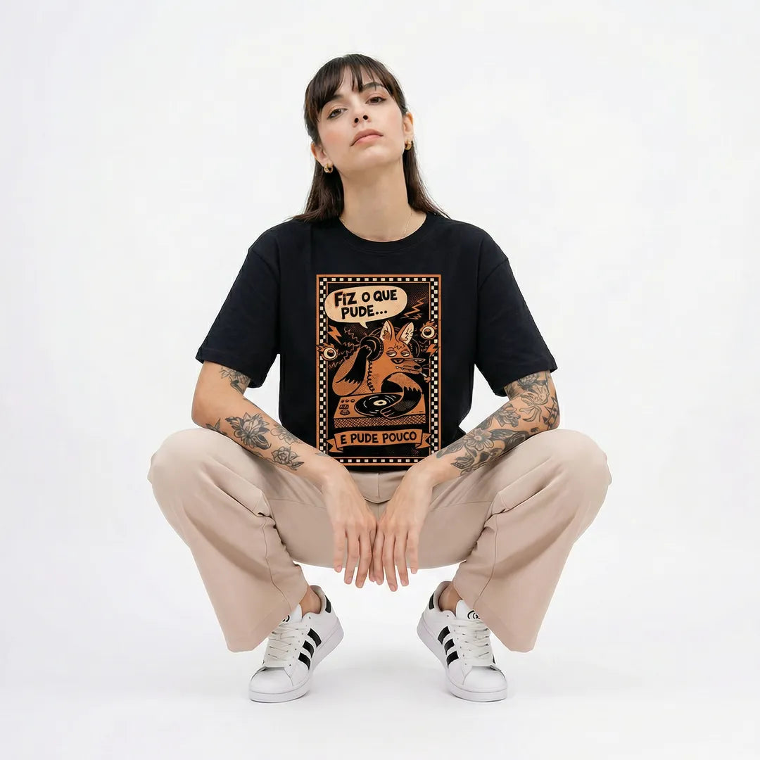 Camiseta Oversized Fiz o Que Pude e Pude Pouco Feminina Preto