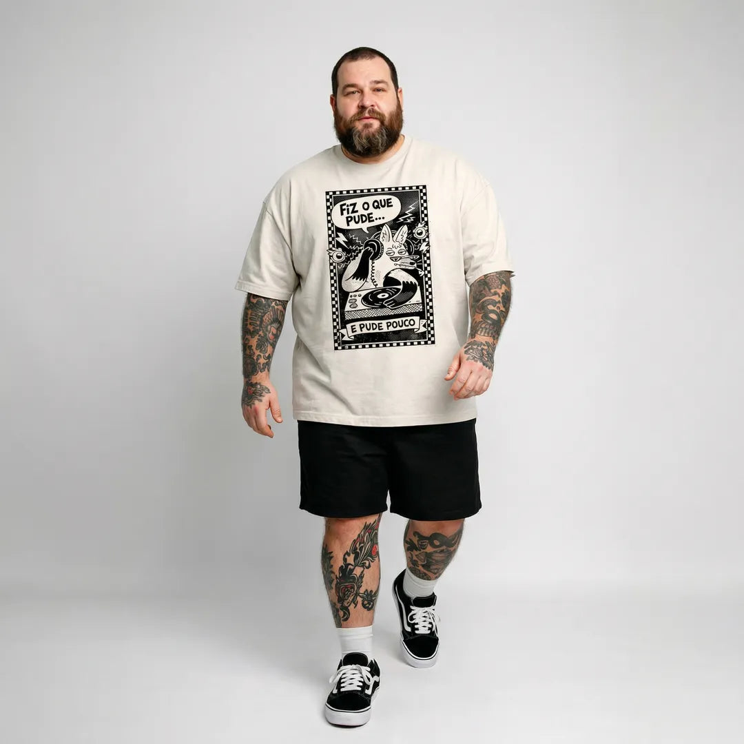 Camiseta Oversized Fiz o Que Pude e Pude Pouco Masculina Off-White