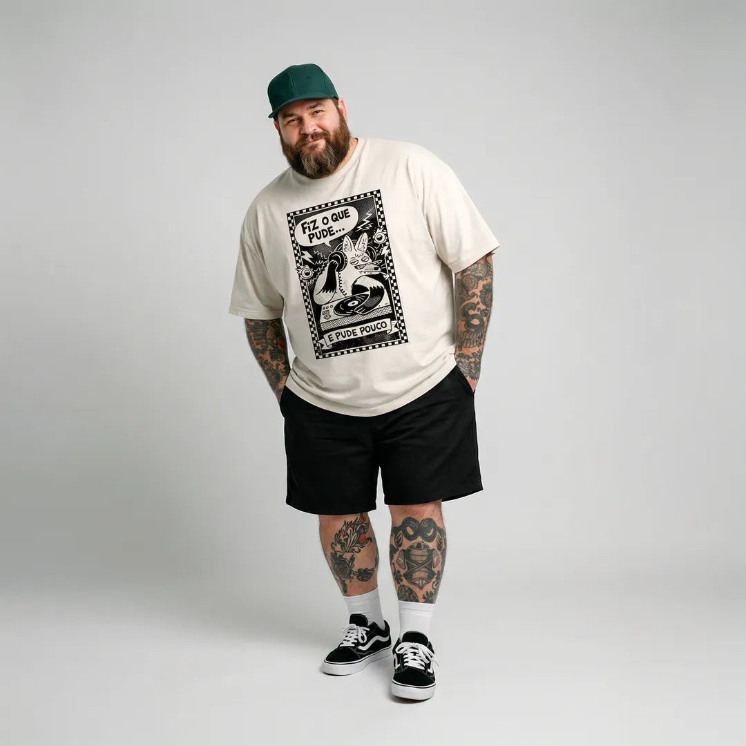 Camiseta Oversized Fiz o Que Pude e Pude Pouco Masculina Off-White