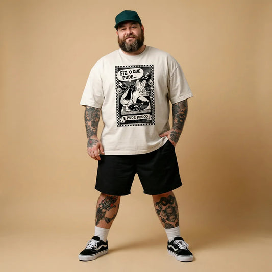 Camiseta Oversized Fiz o Que Pude e Pude Pouco Masculina Off-White