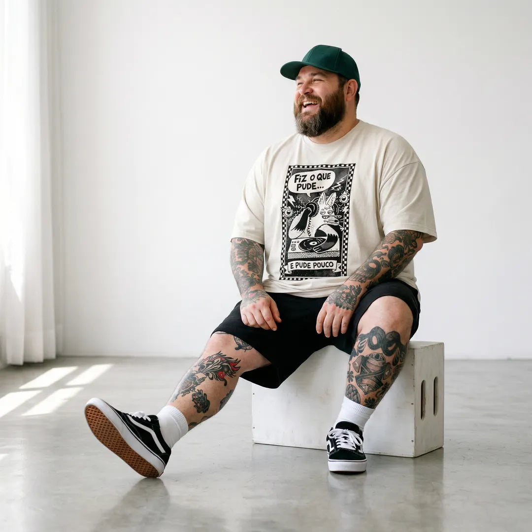 Camiseta Oversized Fiz o Que Pude e Pude Pouco Masculina Off-White