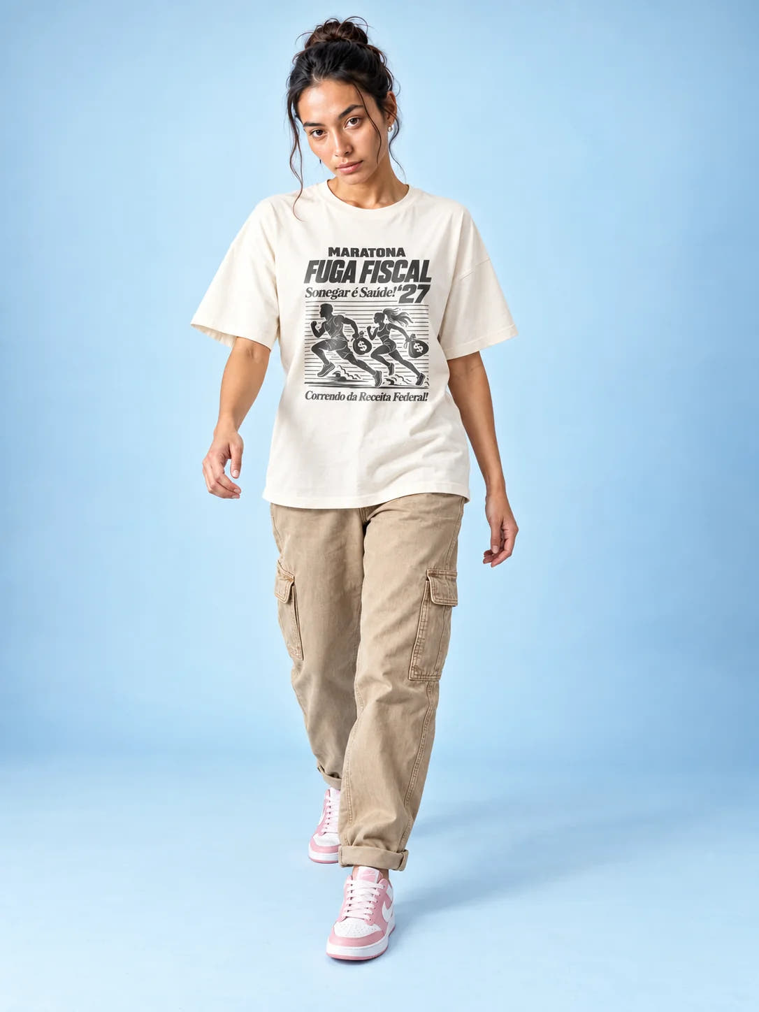 Camiseta Oversized Maratona Fuga Fiscal Feminina Off-White