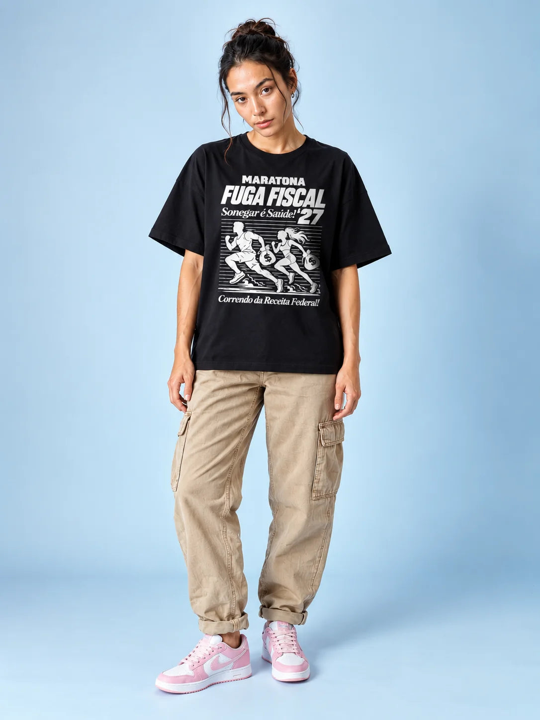 Camiseta Oversized Maratona Fuga Fiscal Feminina Preto