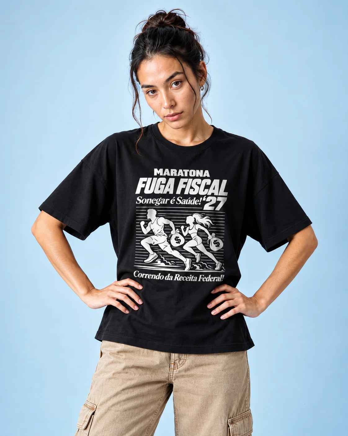 Camiseta Oversized Maratona Fuga Fiscal Feminina Preto