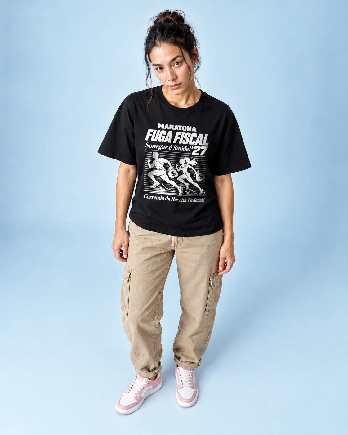 Camiseta Oversized Maratona Fuga Fiscal Feminina Preto