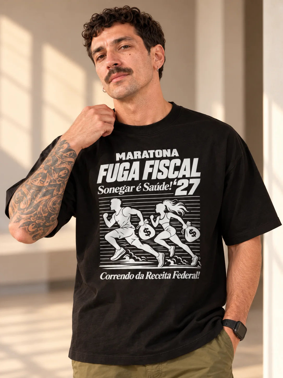 Camiseta Oversized Maratona Fuga Fiscal Masculina Preto