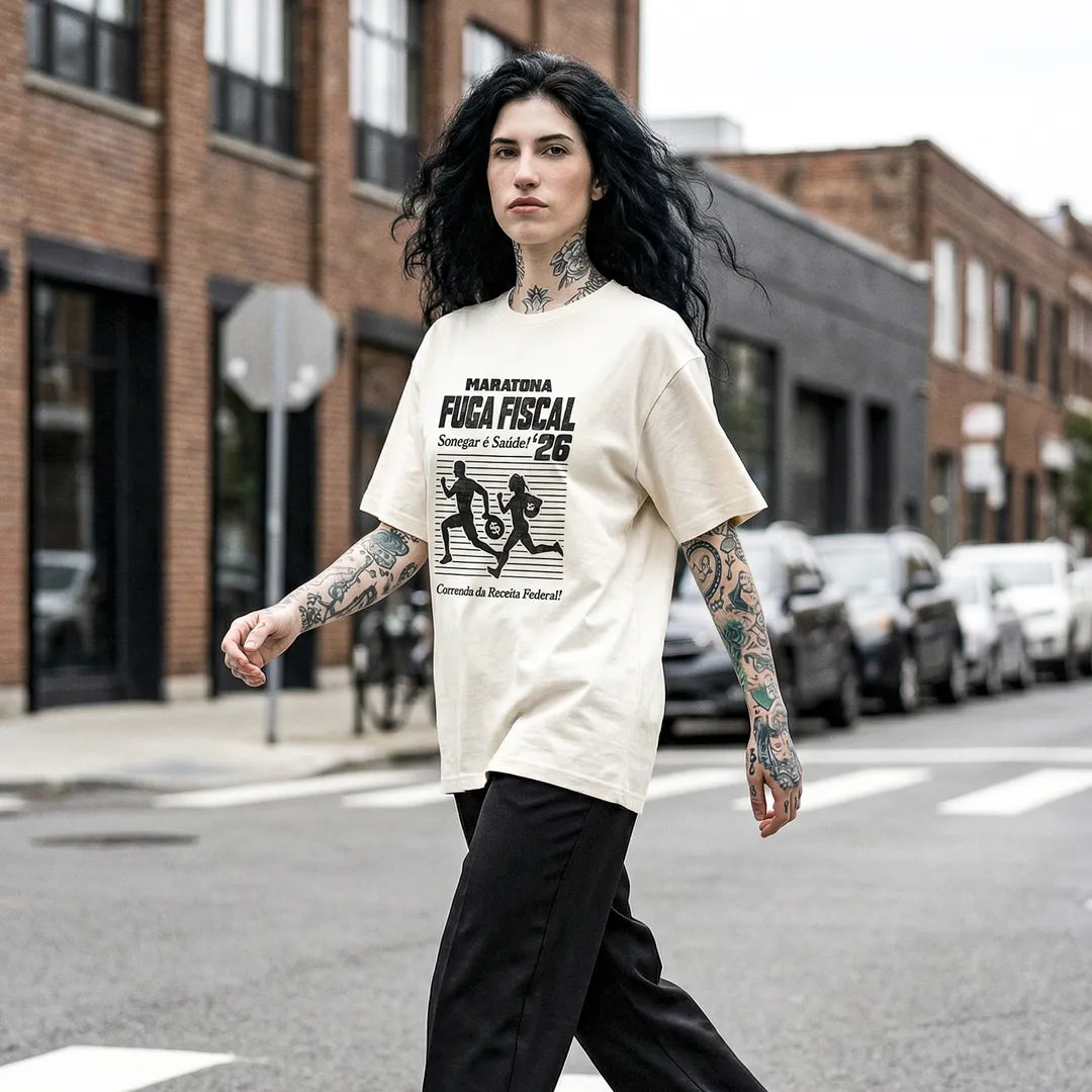Camiseta Oversized Maratona Fuga Fiscal Feminina Off-White
