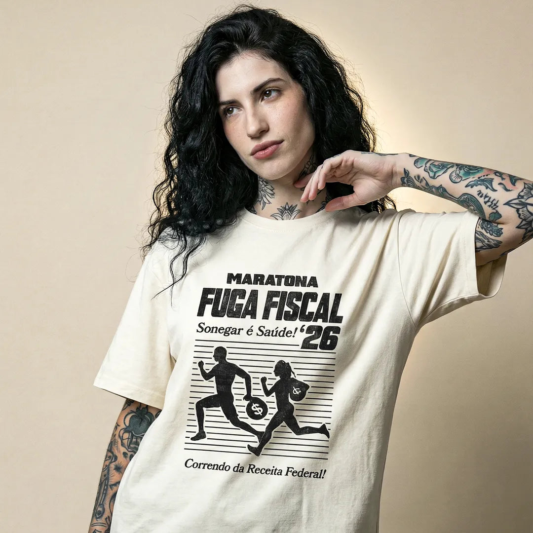 Camiseta Oversized Maratona Fuga Fiscal Feminina Off-White