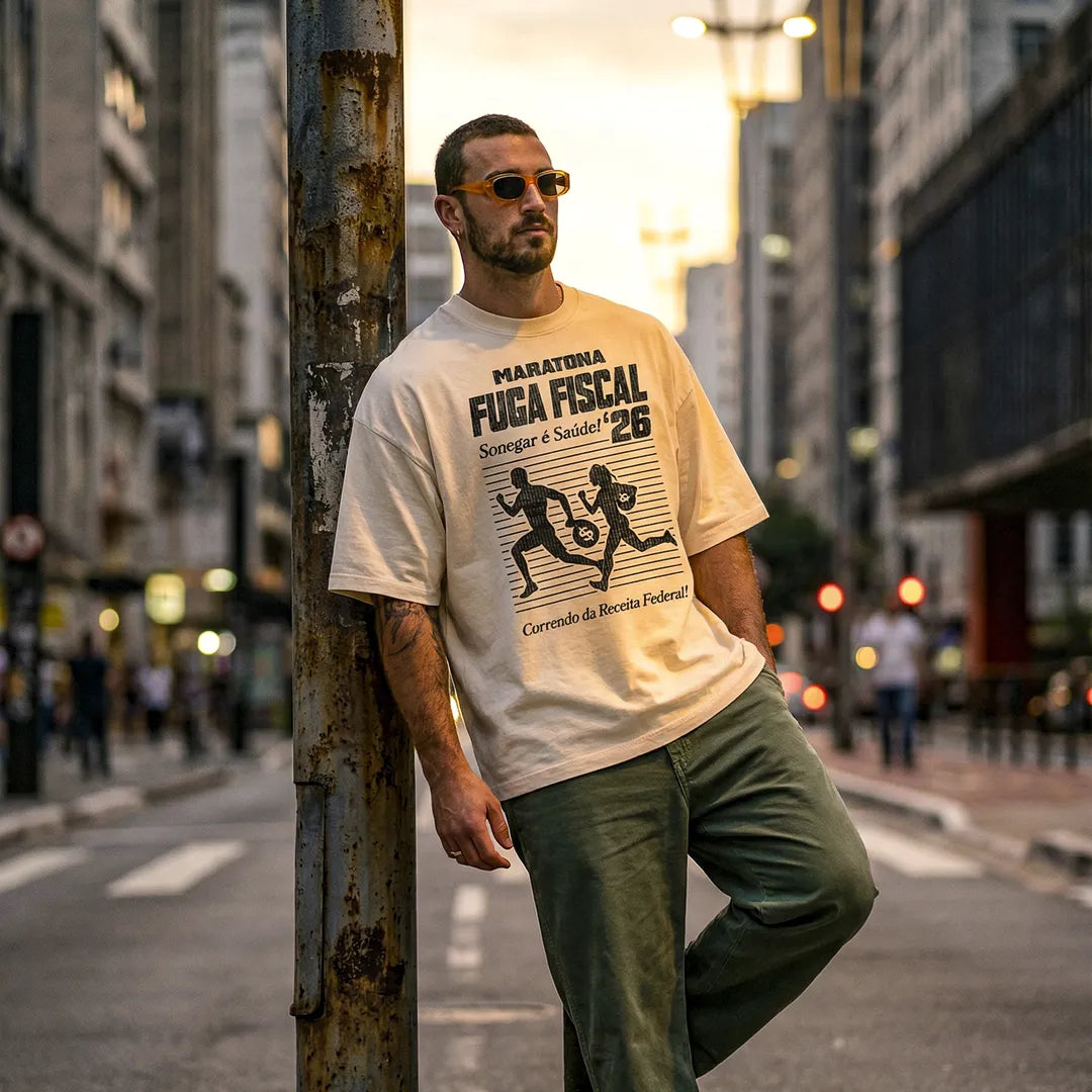 Camiseta Oversized Maratona Fuga Fiscal Masculina Off-White
