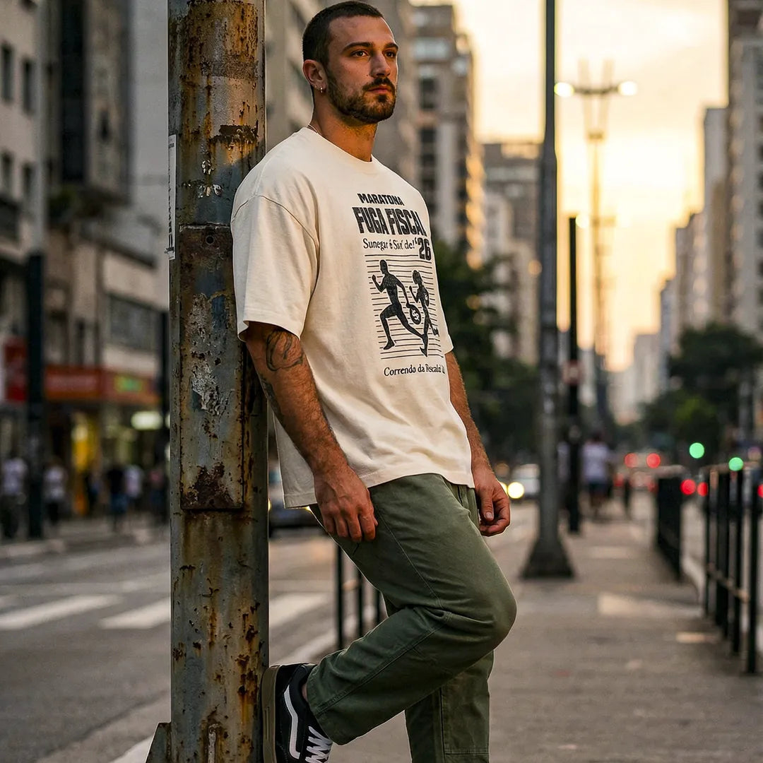Camiseta Oversized Maratona Fuga Fiscal Masculina Off-White