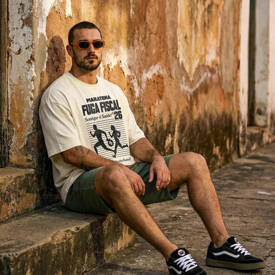 Camiseta Oversized Maratona Fuga Fiscal Masculina Off-White