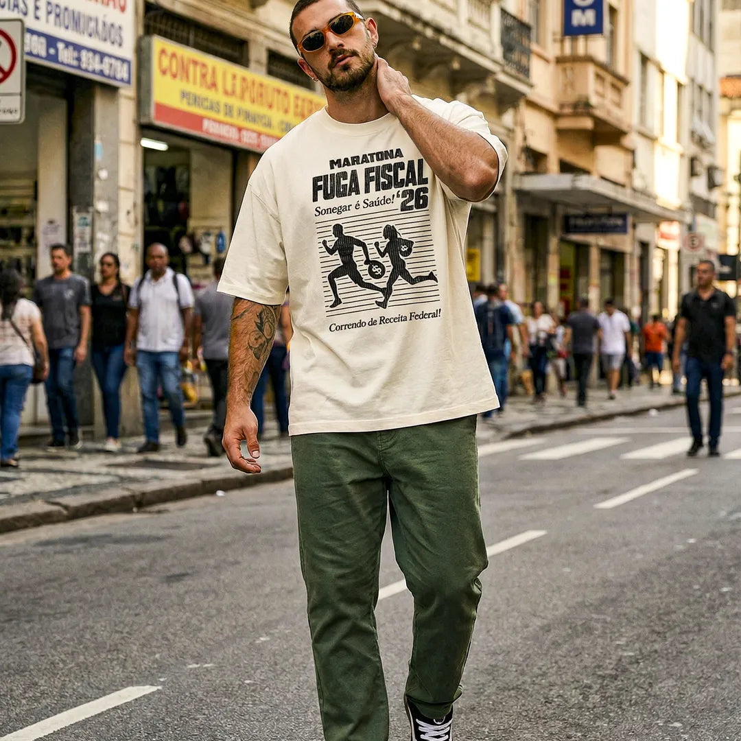 Camiseta Oversized Maratona Fuga Fiscal Masculina Off-White