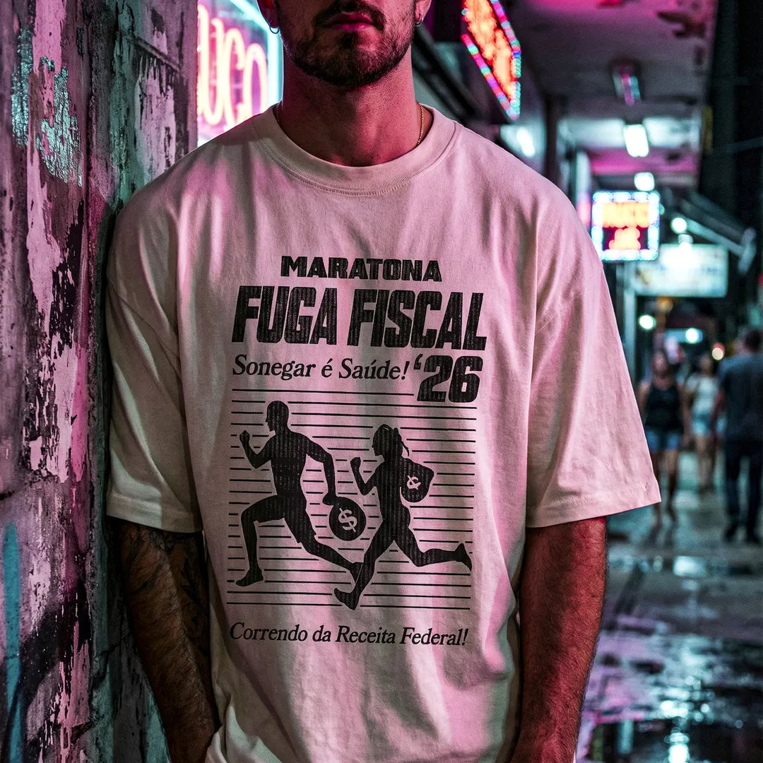 Camiseta Oversized Maratona Fuga Fiscal Masculina Off-White