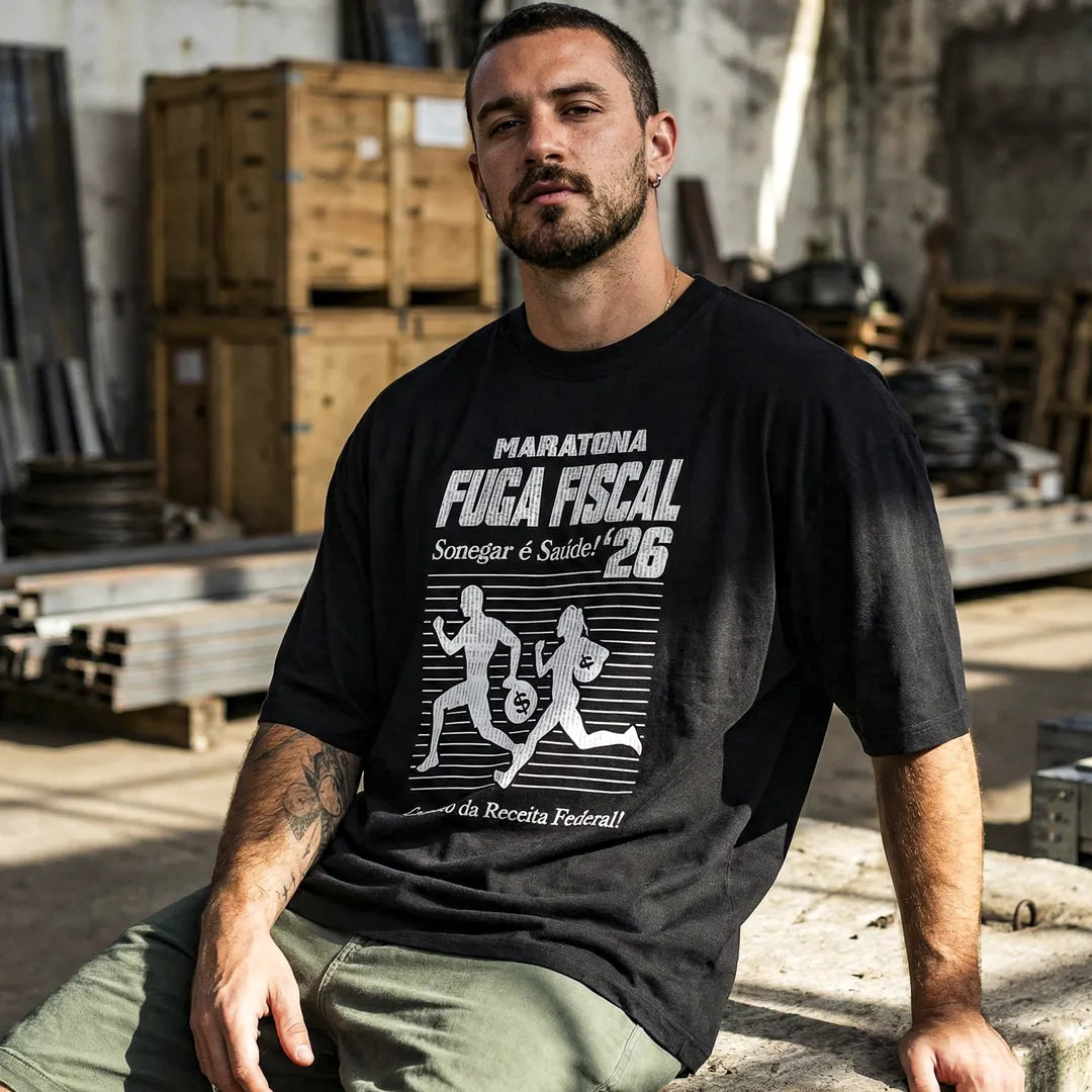 Camiseta Oversized Maratona Fuga Fiscal Masculina Preto