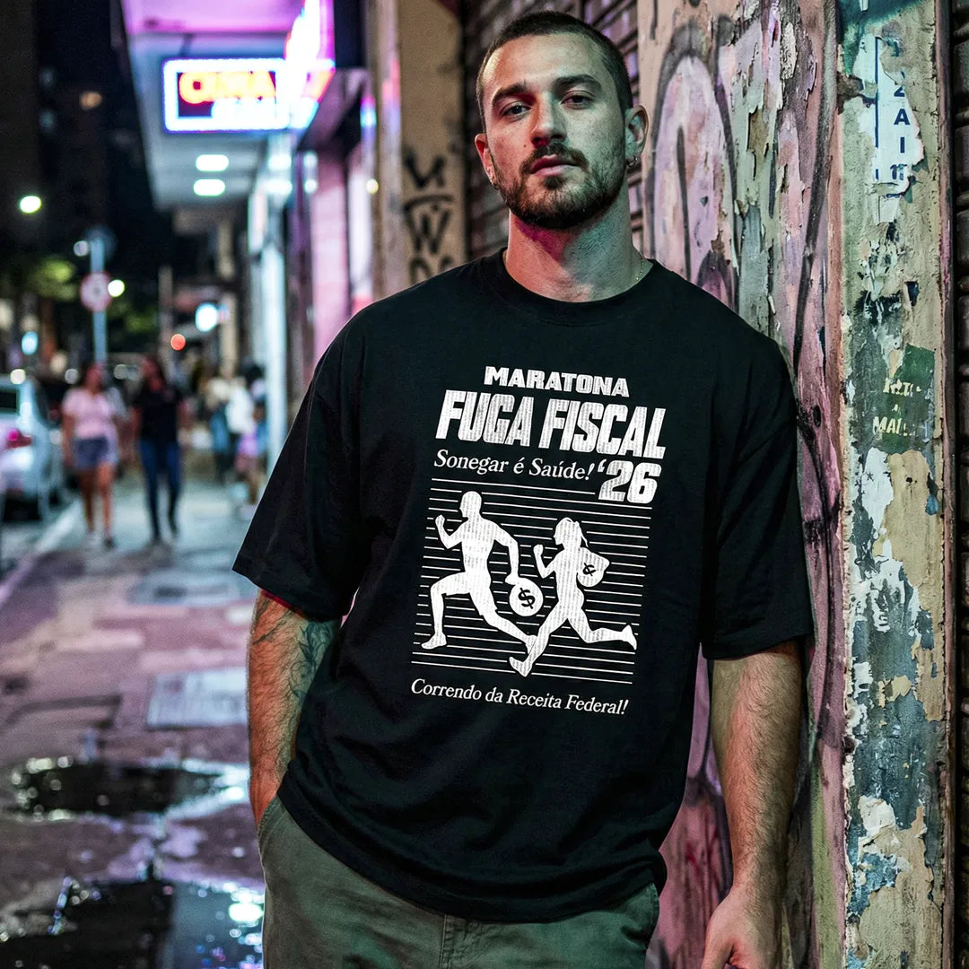 Camiseta Oversized Maratona Fuga Fiscal Masculina Preto