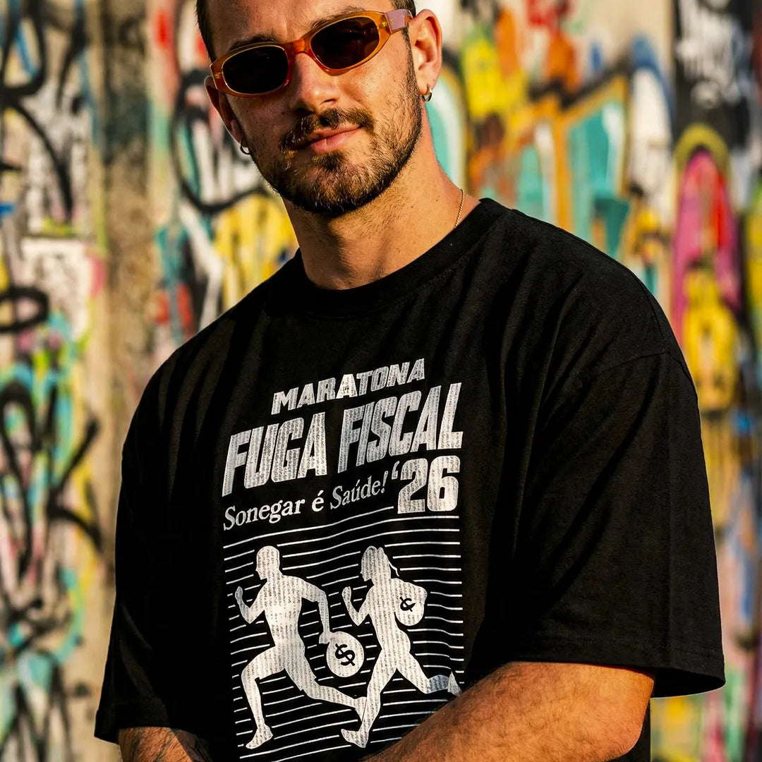 Camiseta Oversized Maratona Fuga Fiscal Masculina Preto