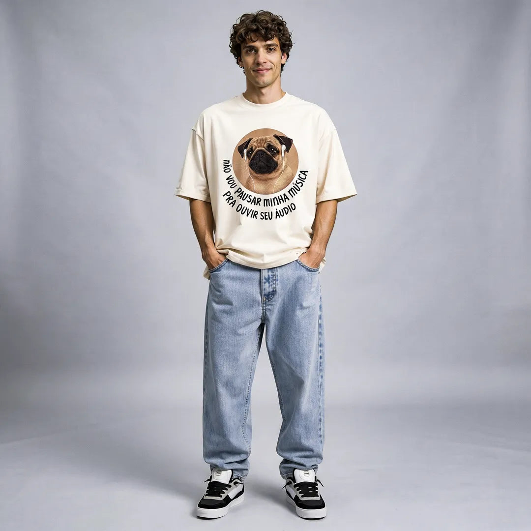 Camiseta Oversized Não Vou Parar Meu Áudio Masculina Off-White
