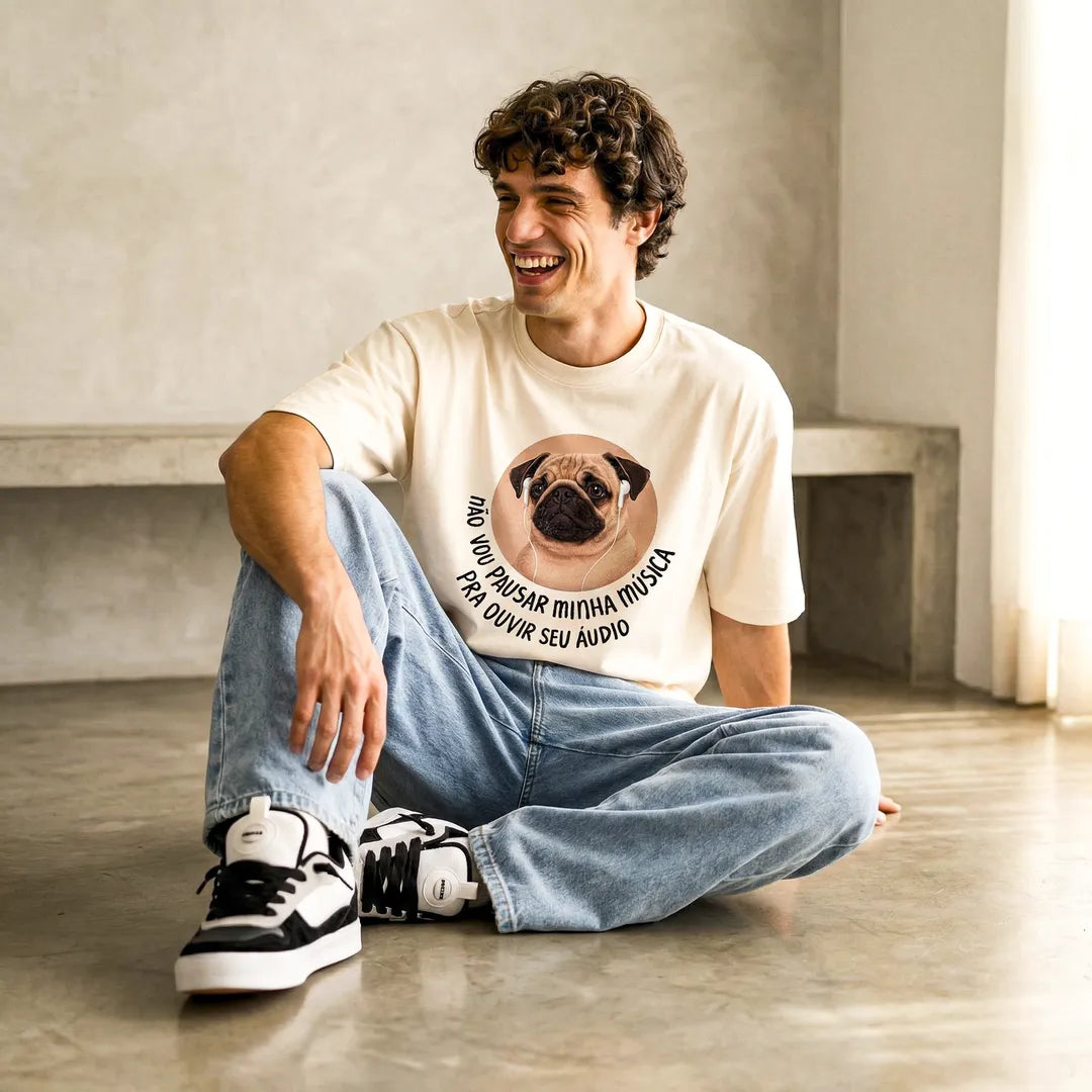 Camiseta Oversized Não Vou Parar Meu Áudio Masculina Off-White