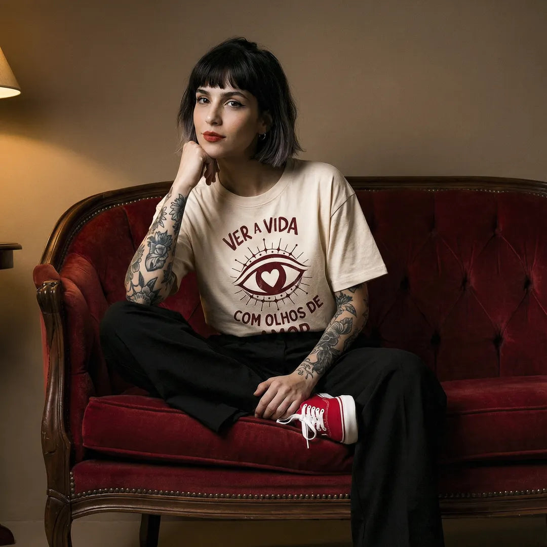 Camiseta Oversized Ver a Vida Com Olhos de Amor Feminina Off-White