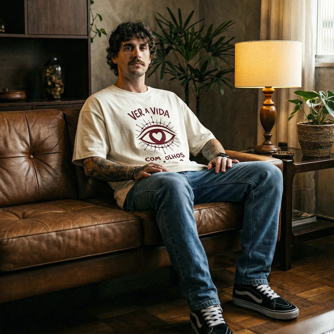 Camiseta Oversized Ver a Vida Com Olhos de Amor Masculina Off-White