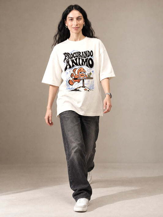 Camiseta Oversized Procurando Ânimo - Feminina Off-White