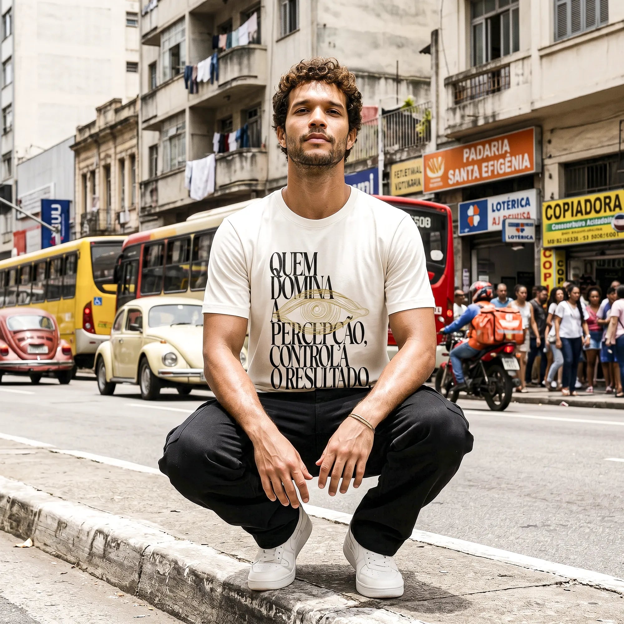Camiseta Básica Quem Domina a Percepção, Controla o Resultado Masculina Off-White