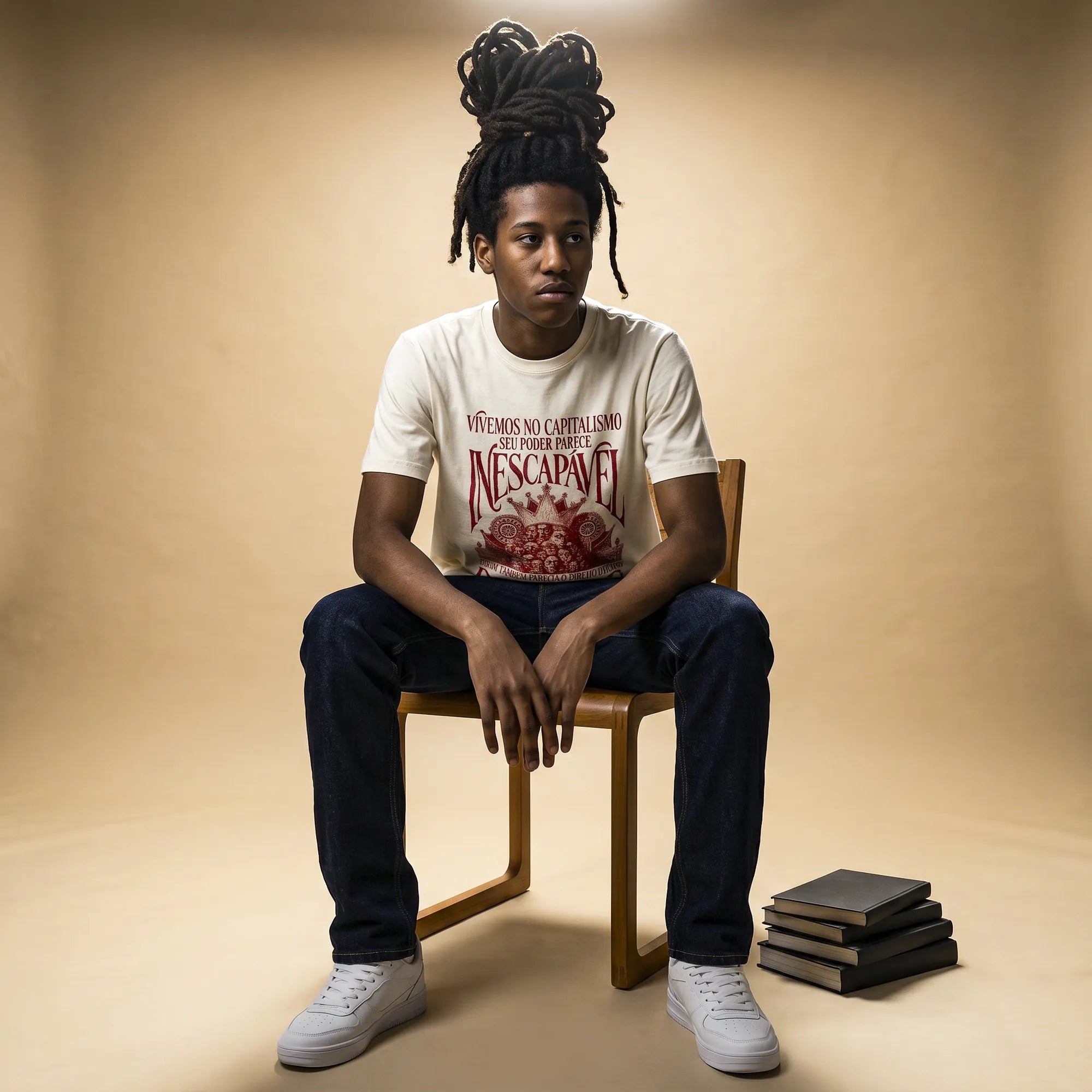 Camiseta Básica Vivemos no Capitalismo Masculina Off-White