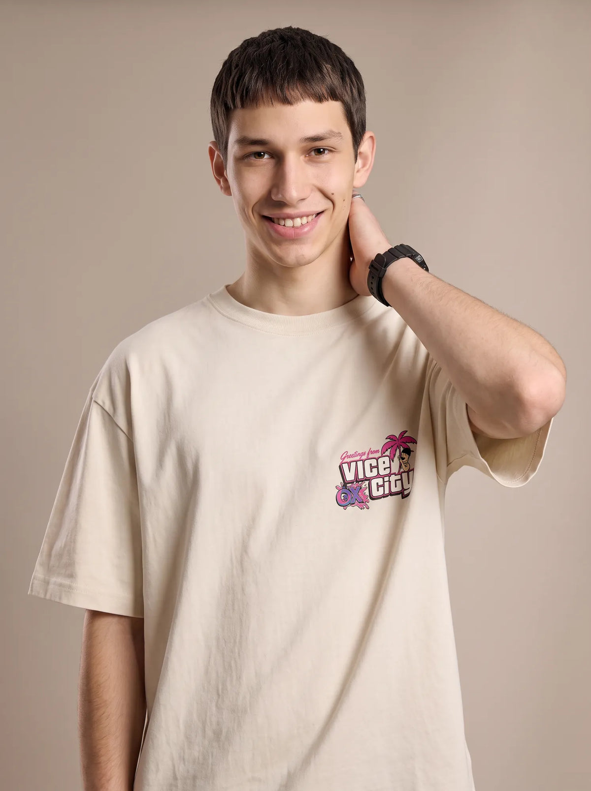 Camiseta Oversized Greetings from Vice City Leonida Masculina Off-White