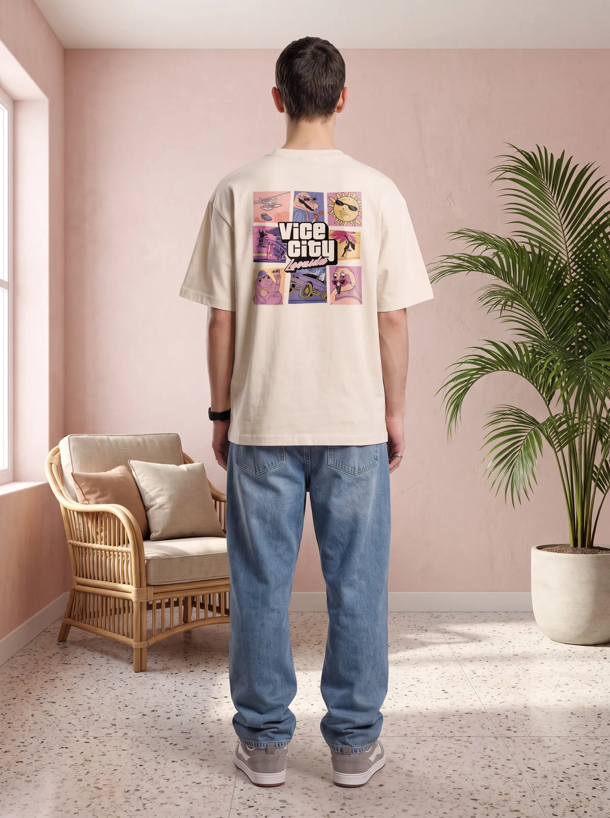 Camiseta Oversized Greetings from Vice City Leonida Masculina Off-White