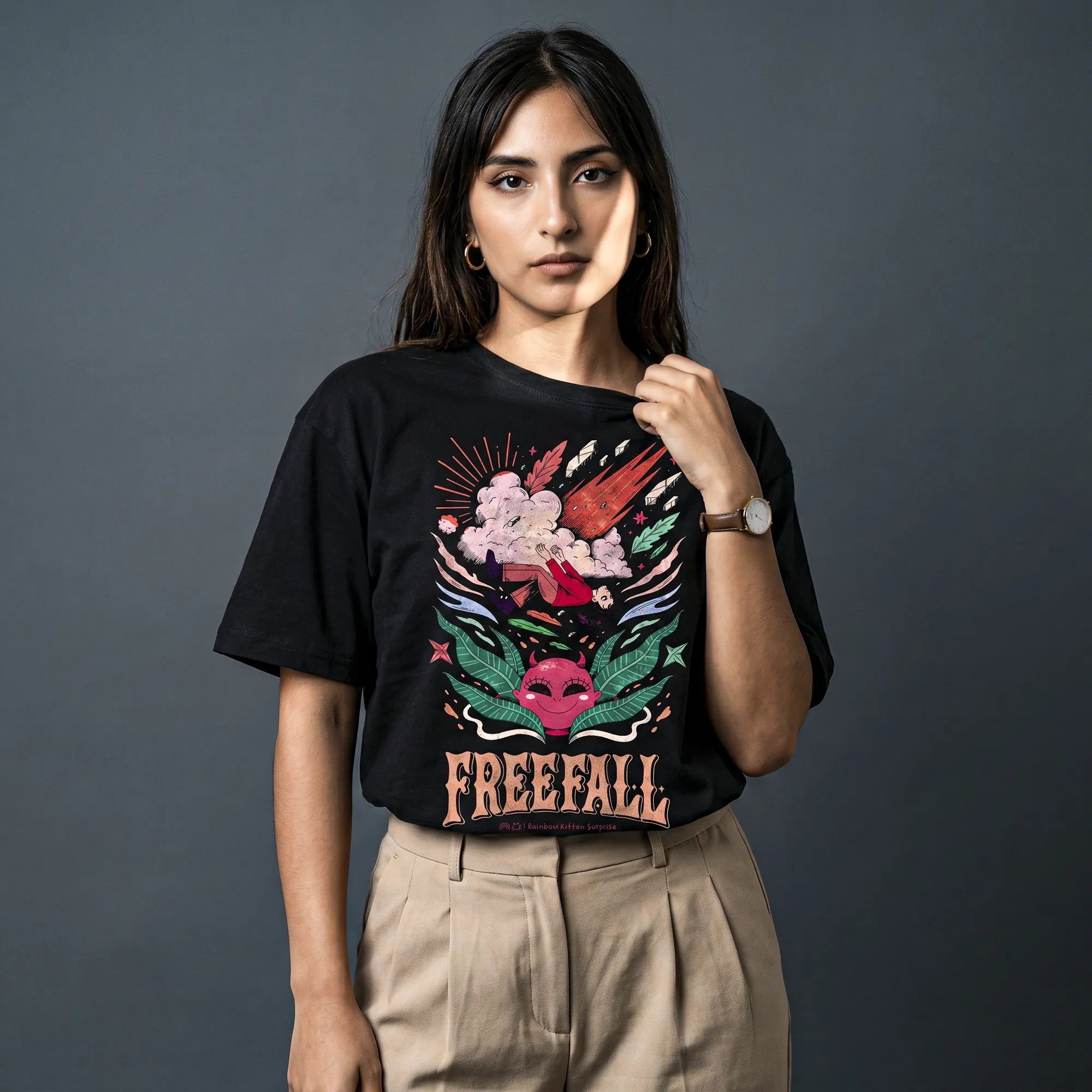 Camiseta Oversized It's Called Freefall — Rainbow Kitten Surprise Feminina Preto