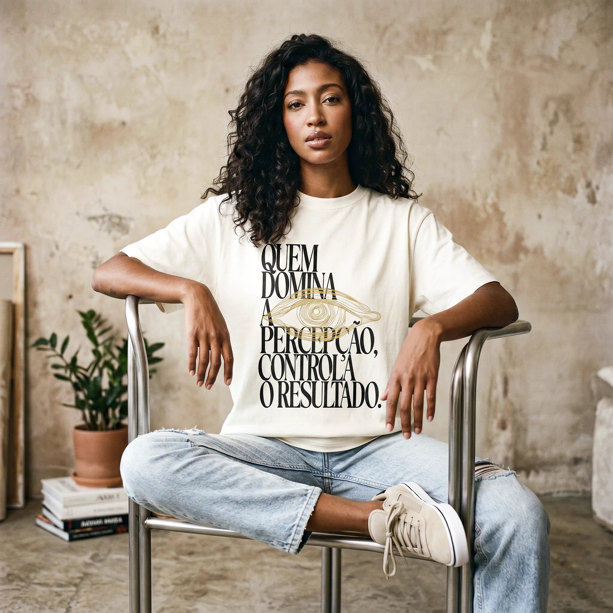 Camiseta Oversized Quem Domina a Percepção, Controla o Resultado Feminina Off-White