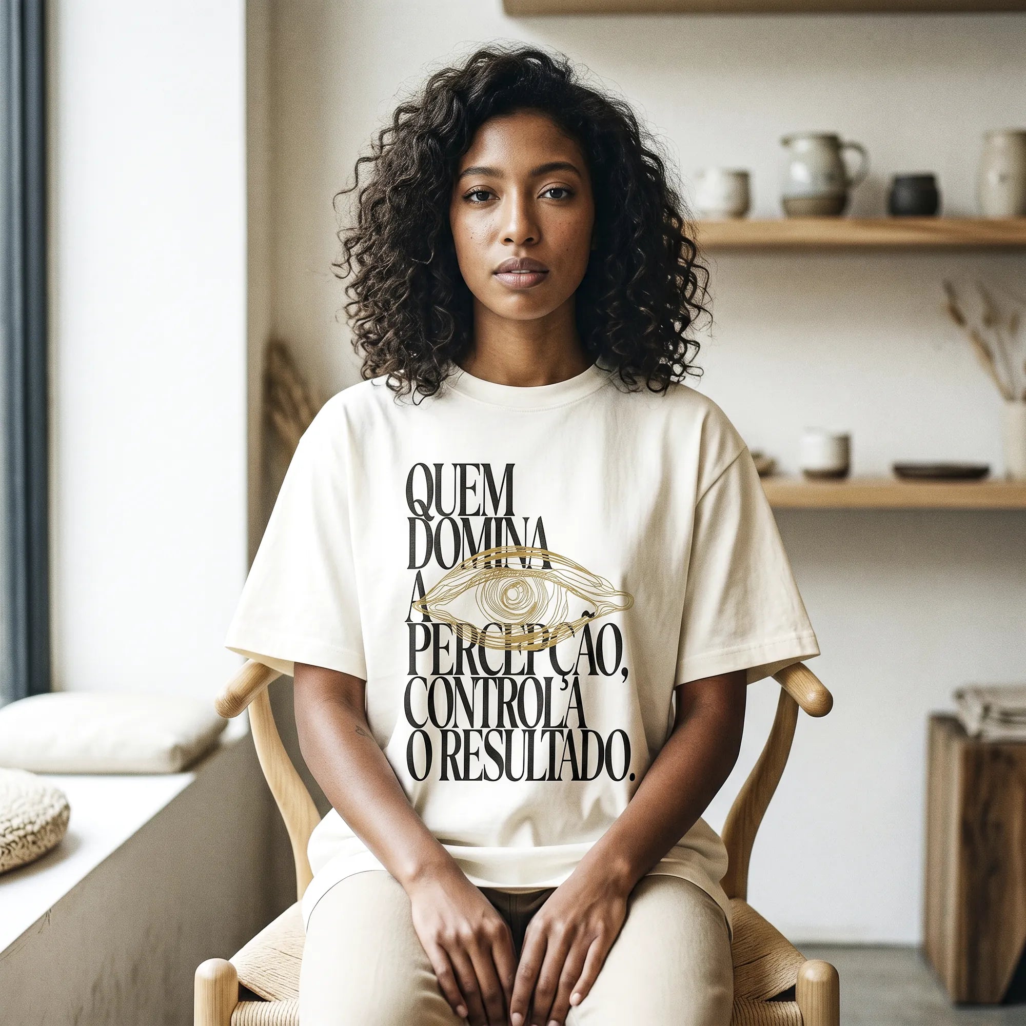 Camiseta Oversized Quem Domina a Percepção, Controla o Resultado Feminina Off-White