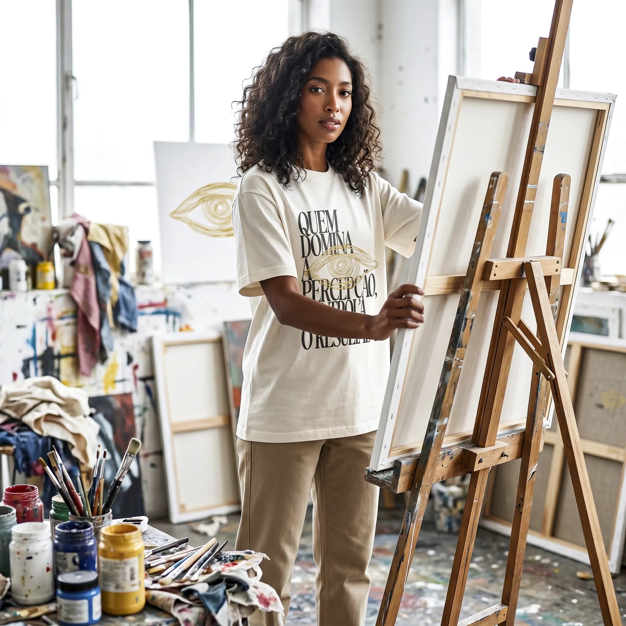 Camiseta Oversized Quem Domina a Percepção, Controla o Resultado Feminina Off-White