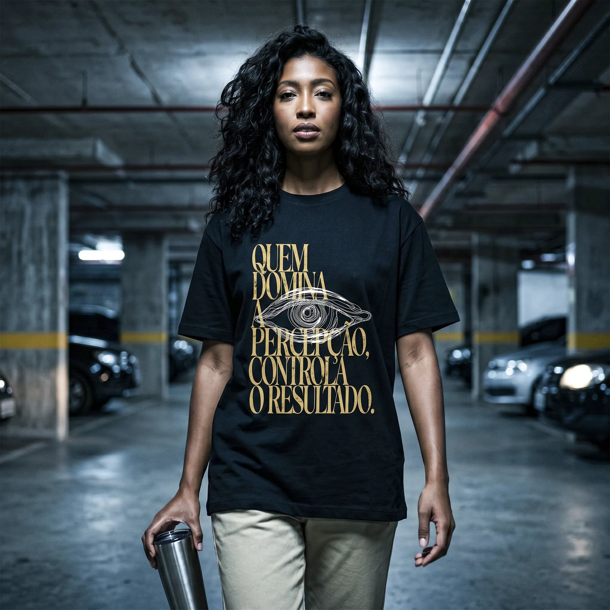Camiseta Oversized Quem Domina a Percepção, Controla o Resultado Feminina Preto